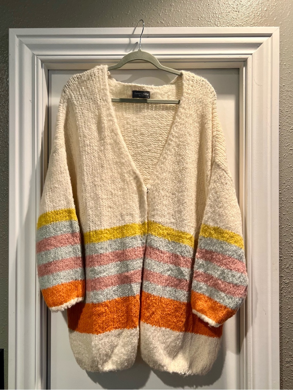 Cozy Cream Striped Cardigan Sweater with Orange & Pink Accents